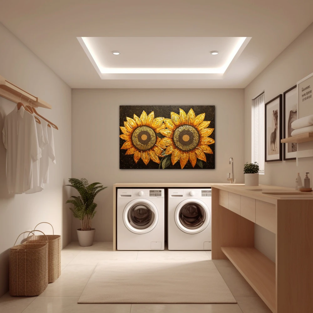 Cuadro luz y vida en formato horizontal con colores amarillo, marrón, naranja; decorando pared de lavanderia