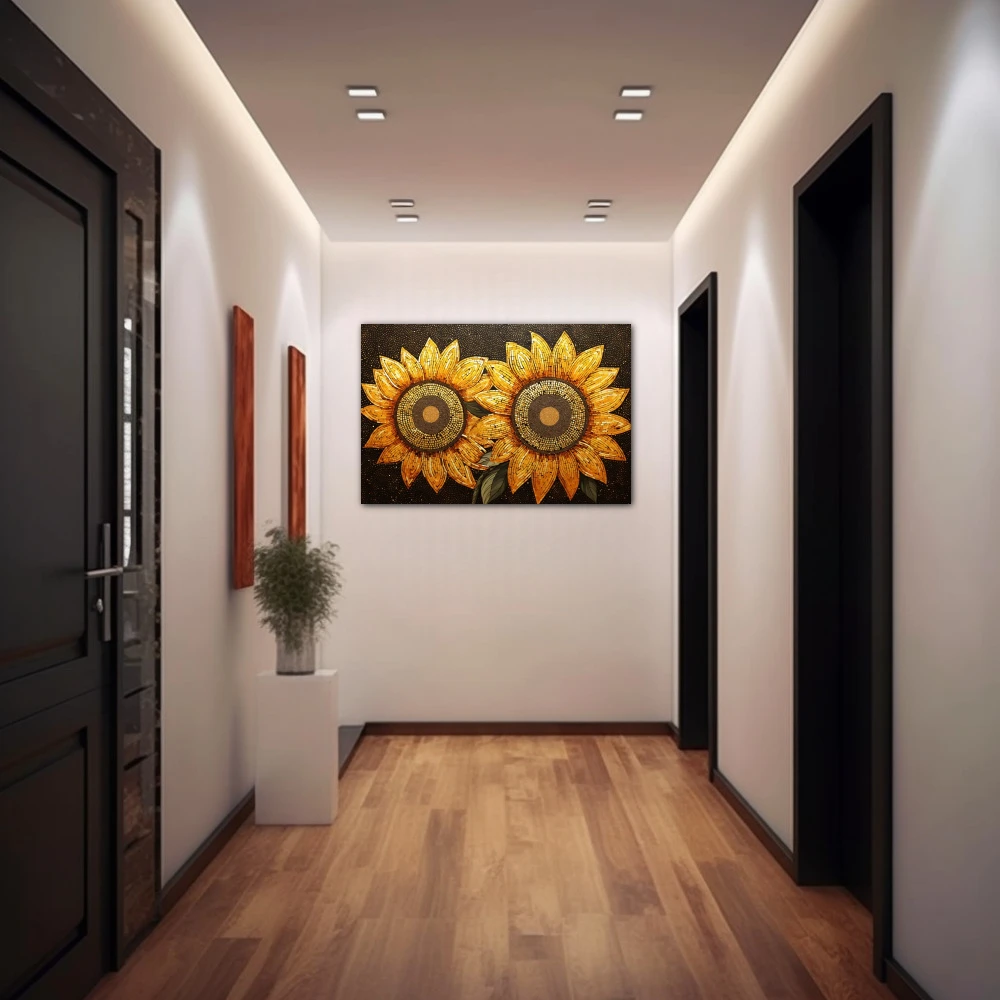 Cuadro luz y vida en formato horizontal con colores amarillo, marrón, naranja; decorando pared de pasillo
