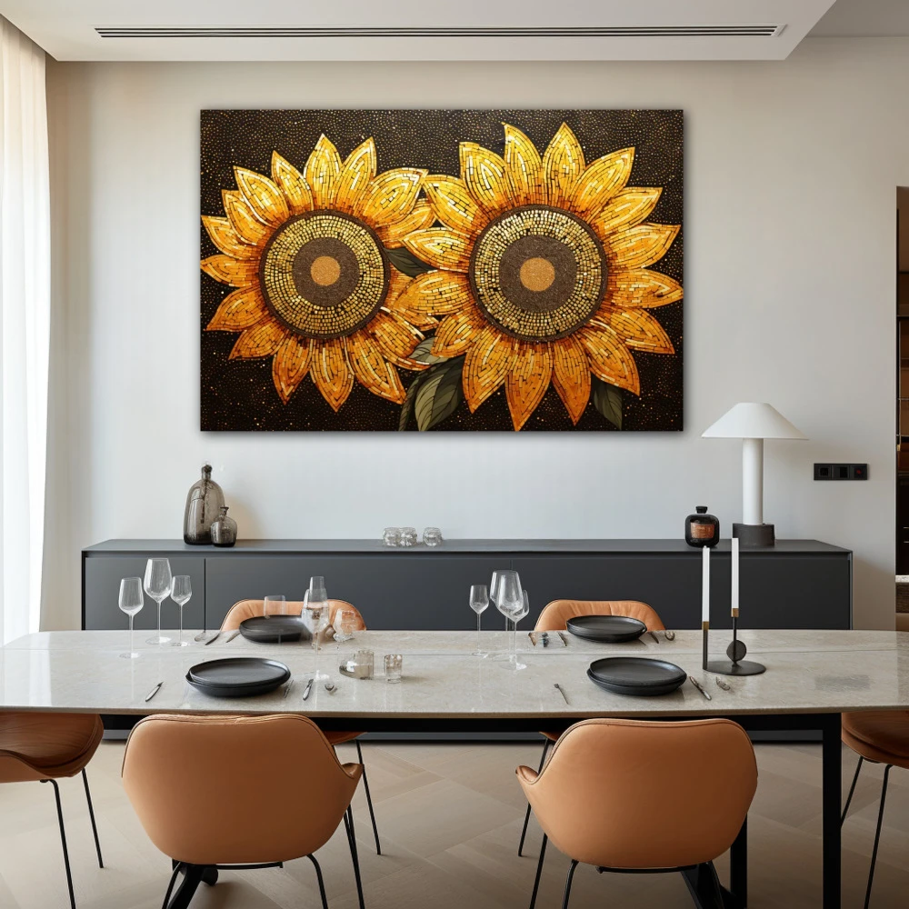 Cuadro luz y vida en formato horizontal con colores amarillo, marrón, naranja; decorando pared de salón comedor