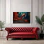 Wall Art titled: Heels and Roses V2 in a Horizontal format with: Red, and Turquoise Colors; Decoration the Above Couch wall