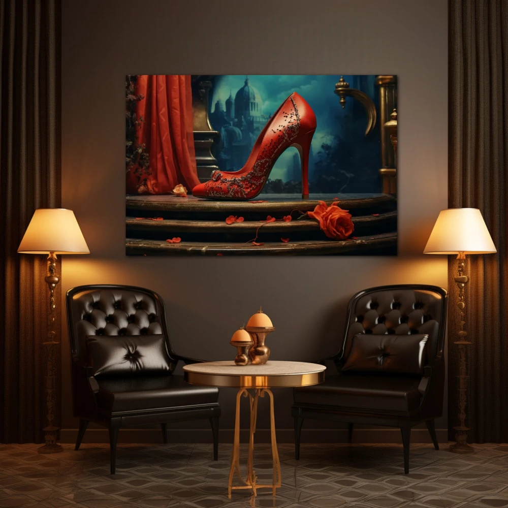 Wall Art titled: Heels and Roses V2 in a Horizontal format with: Red, and Turquoise Colors; Decoration the Living Room wall