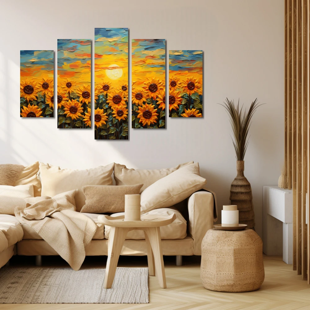Wall Art titled: Lovers of the Sun in a Horizontal format with: Yellow, Blue, and Orange Colors; Decoration the Beige Wall wall