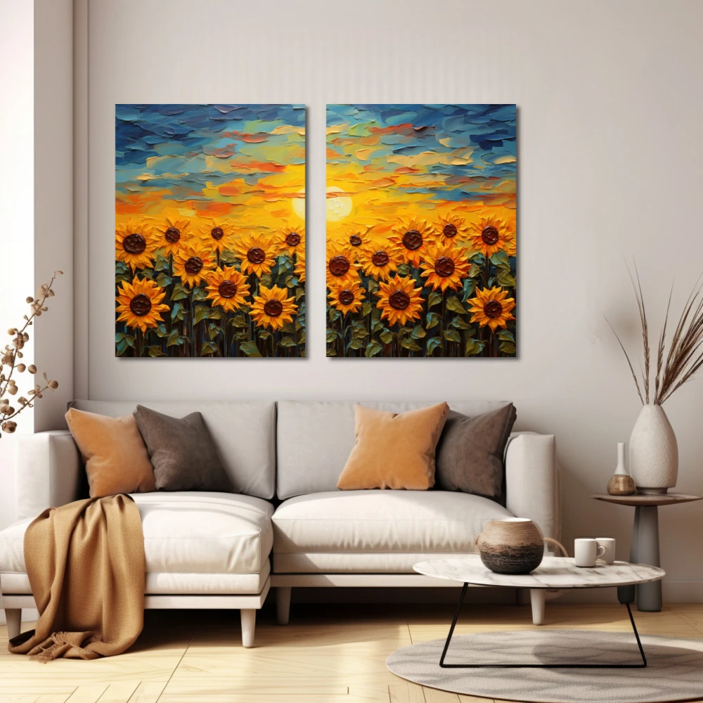 Wall Art titled: Lovers of the Sun in a Horizontal format with: Yellow, Blue, and Orange Colors; Decoration the White Wall wall