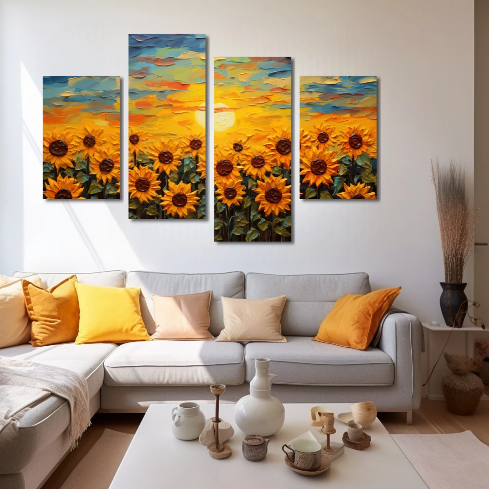 Cuadro amantes del sol en formato políptico con colores amarillo, azul, naranja; decorando pared blanca