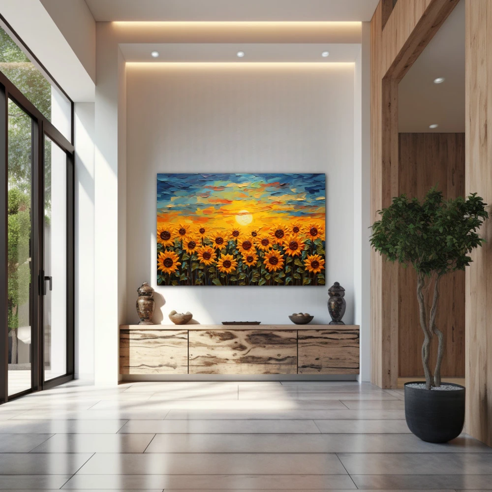 Cuadro amantes del sol en formato horizontal con colores amarillo, azul, naranja; decorando pared de entrada y recibidor