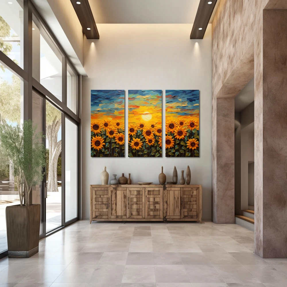 Cuadro amantes del sol en formato tríptico con colores amarillo, azul, naranja; decorando pared de entrada y recibidor