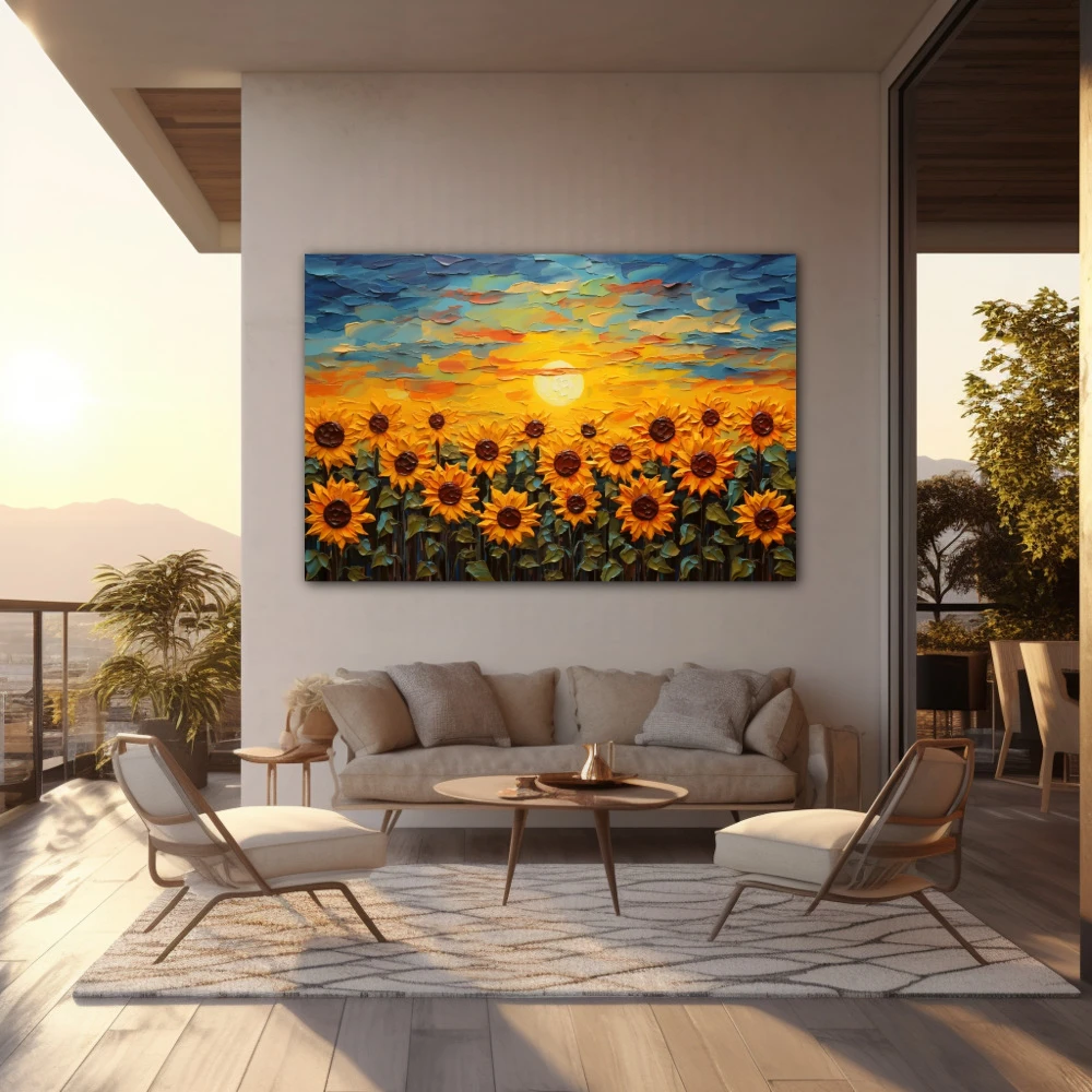 Cuadro amantes del sol en formato horizontal con colores amarillo, azul, naranja; decorando pared de exterior