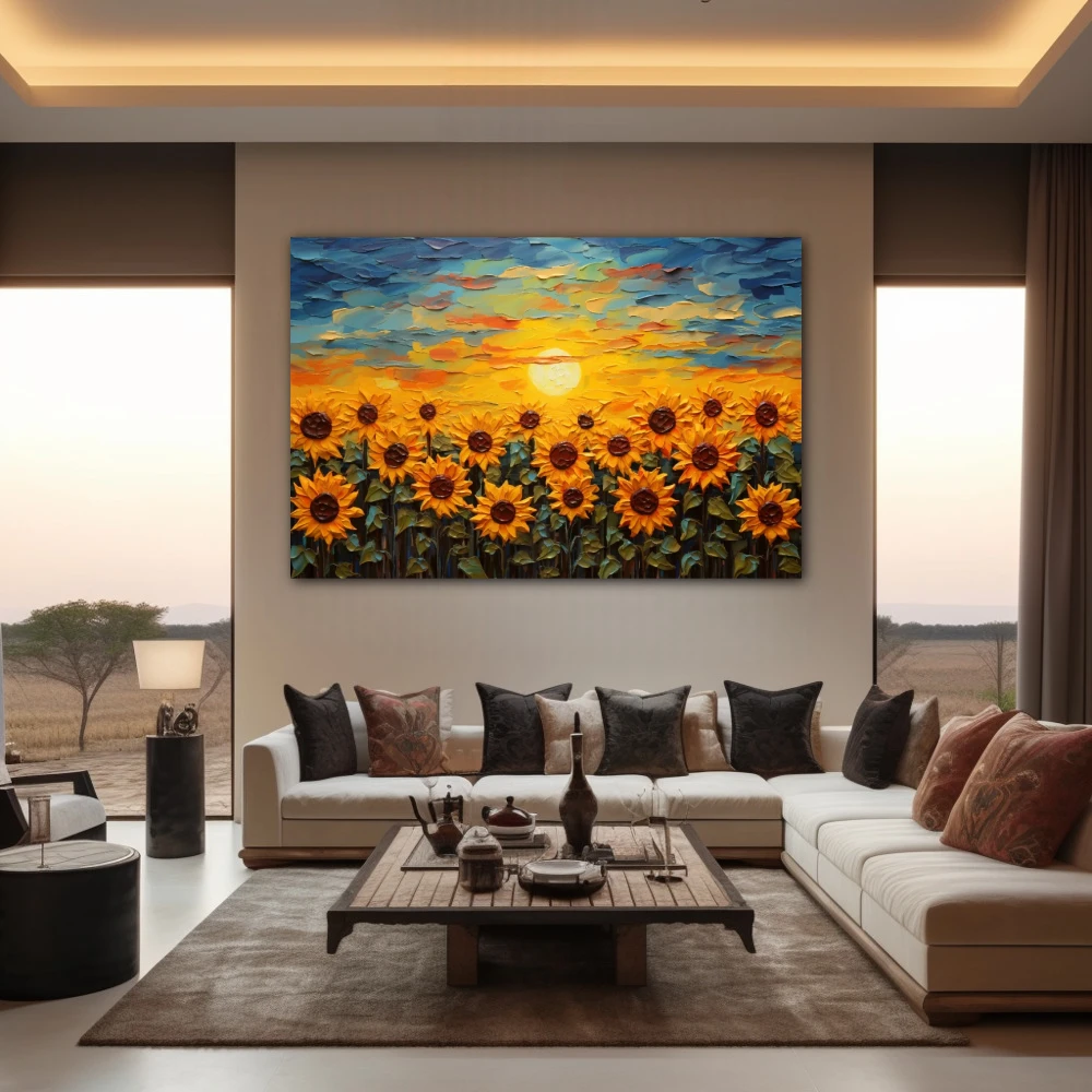 Cuadro amantes del sol en formato horizontal con colores amarillo, azul, naranja; decorando pared de salón comedor