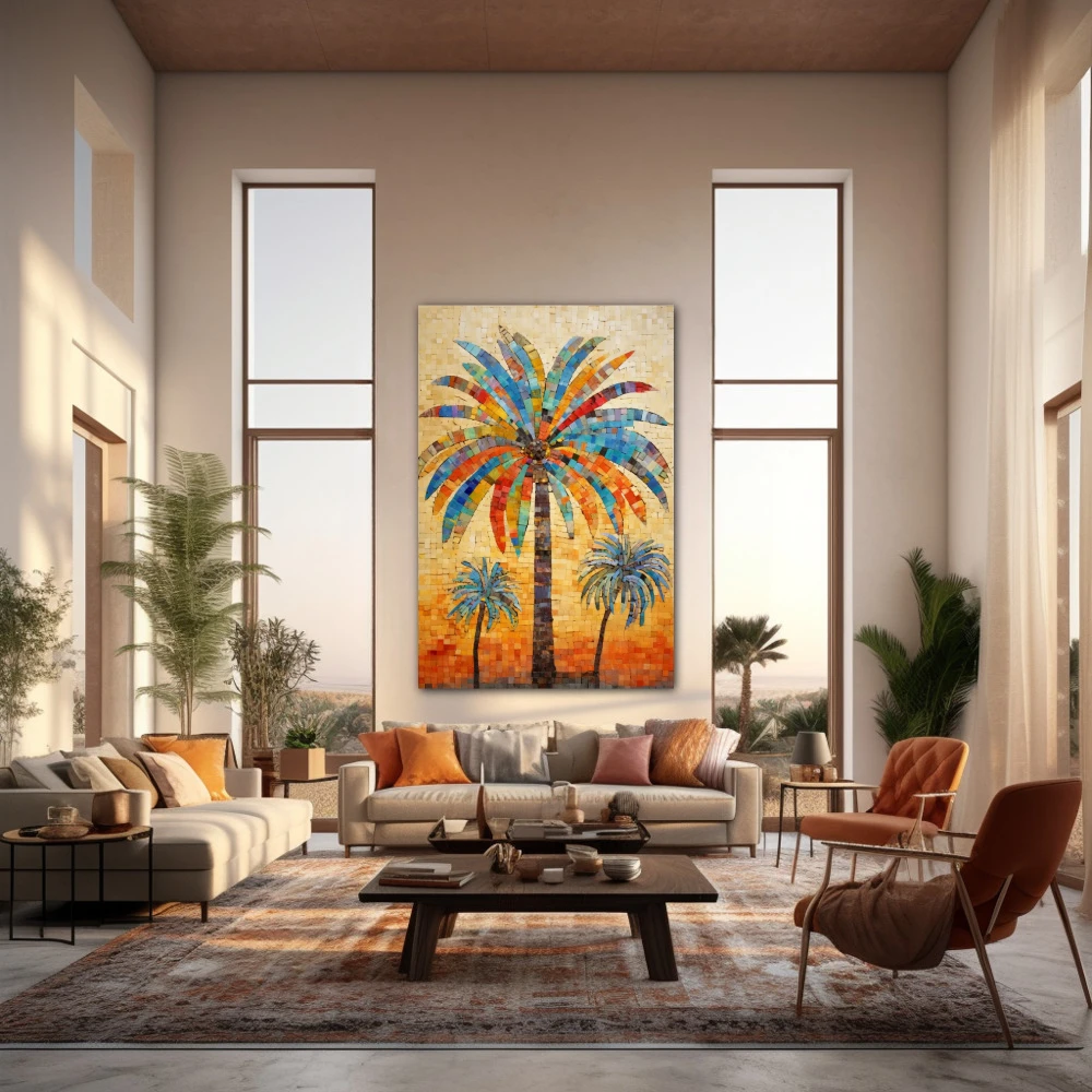 Cuadro trio tropical en formato vertical con colores azul, marrón, beige; decorando pared de salón comedor