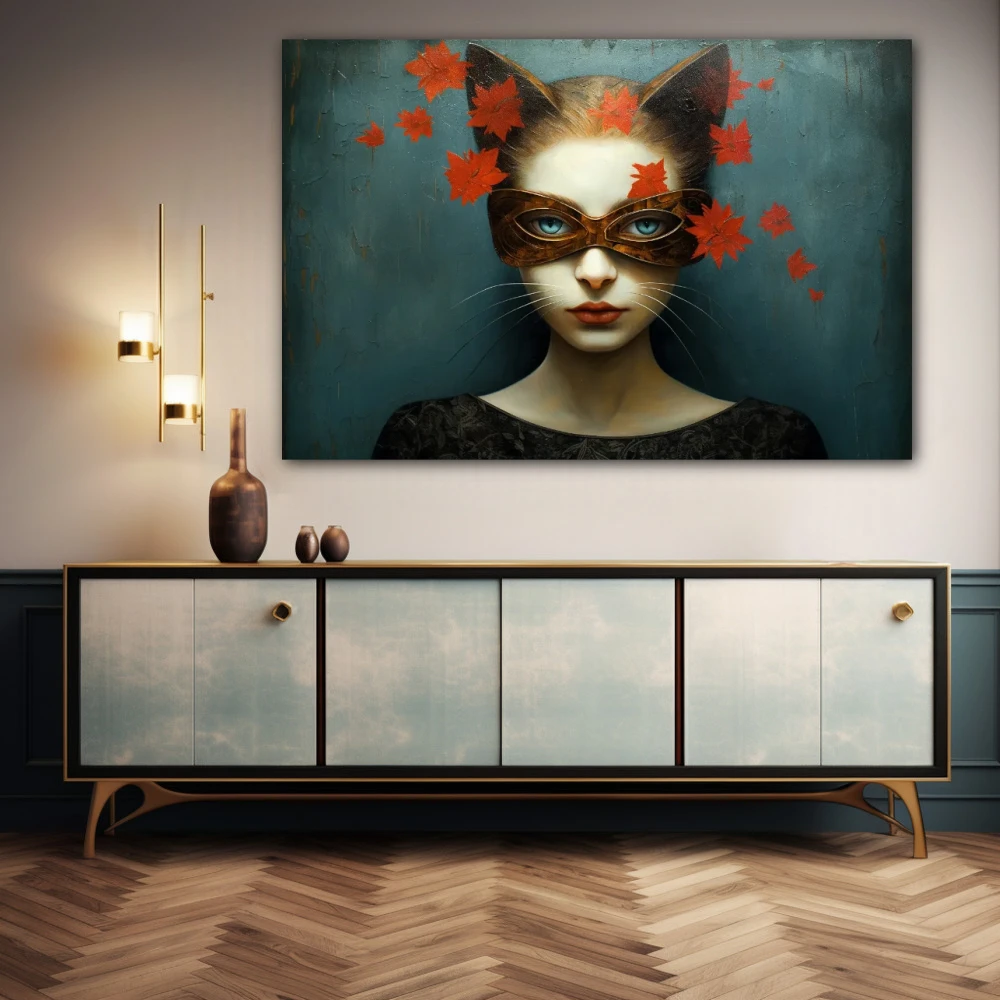 Wall Art titled: The Feline Gaze in a Horizontal format with: Grey, and Red Colors; Decoration the Sideboard wall