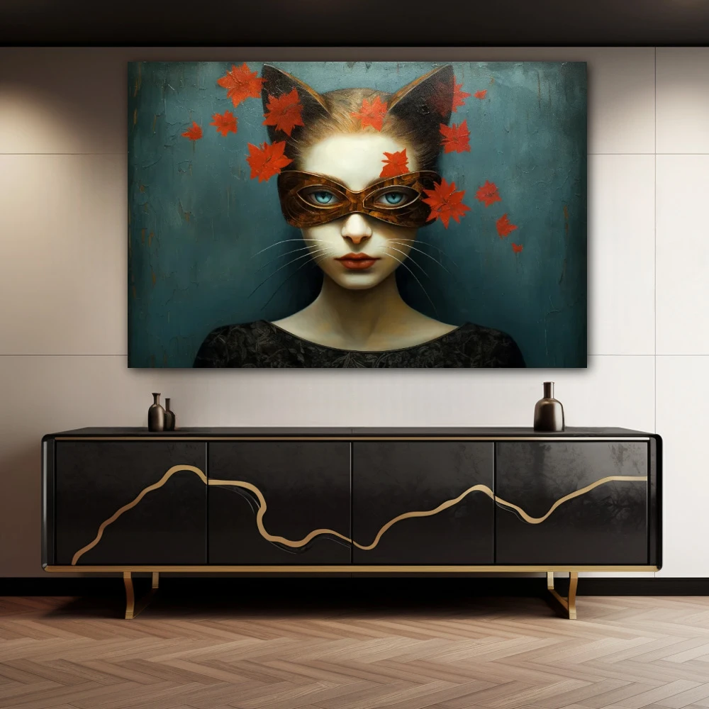 Cuadro la mirada felina en formato horizontal con colores gris, rojo; decorando pared de aparador