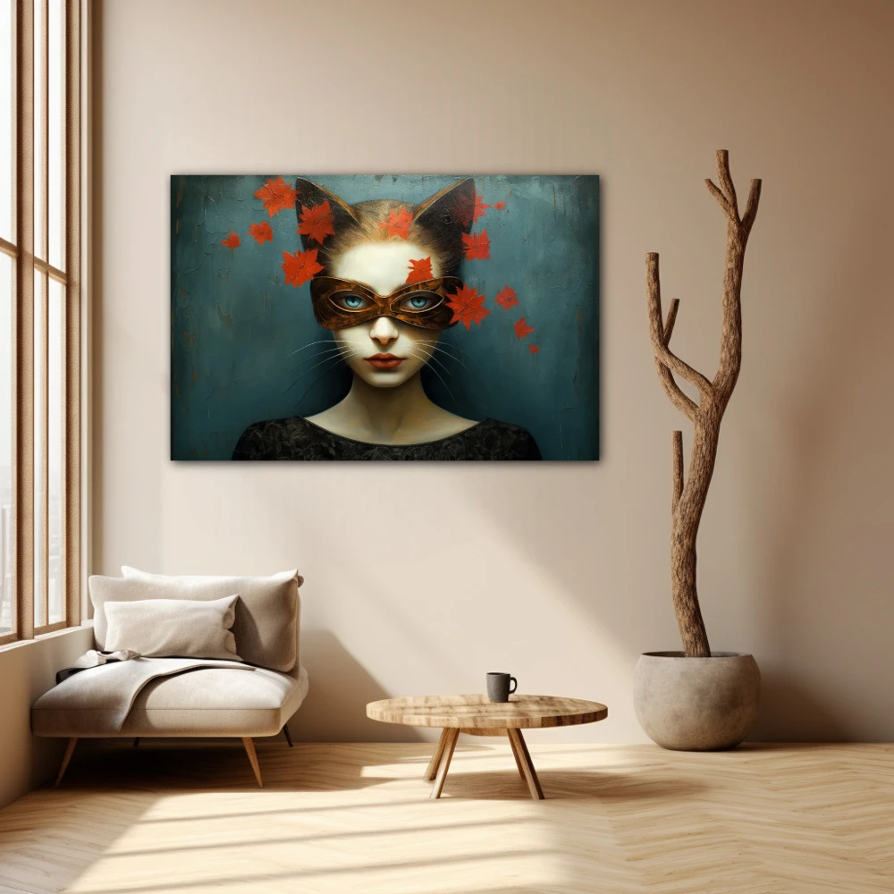 Wall Art titled: The Feline Gaze in a Horizontal format with: Grey, and Red Colors; Decoration the Beige Wall wall