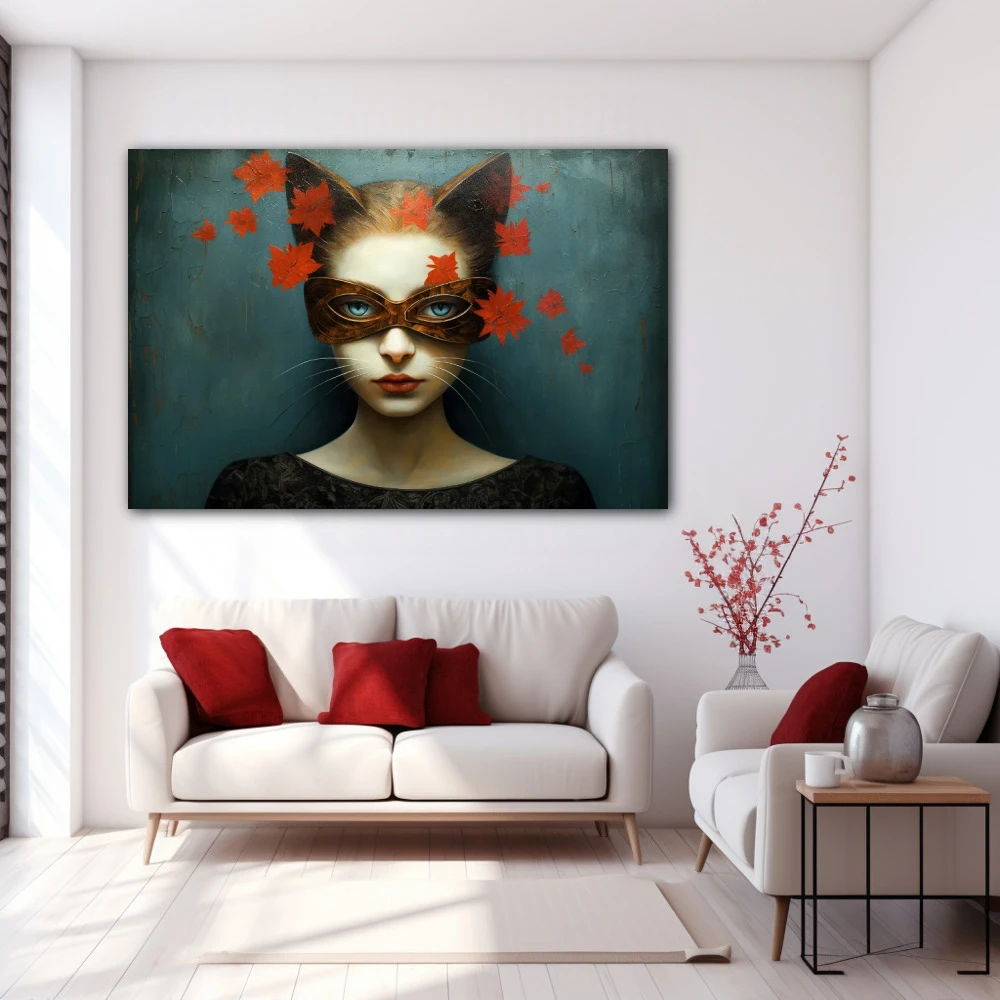 Wall Art titled: The Feline Gaze in a Horizontal format with: Grey, and Red Colors; Decoration the White Wall wall