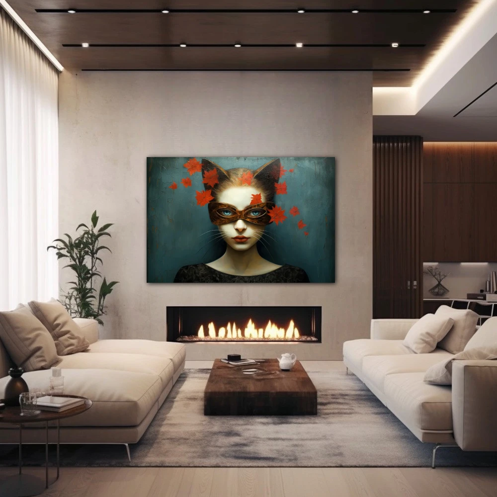 Wall Art titled: The Feline Gaze in a Horizontal format with: Grey, and Red Colors; Decoration the Fireplace wall