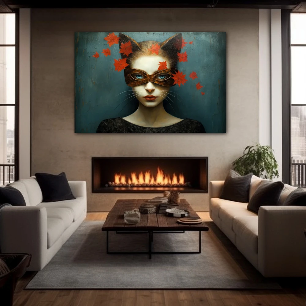 Wall Art titled: The Feline Gaze in a Horizontal format with: Grey, and Red Colors; Decoration the Fireplace wall