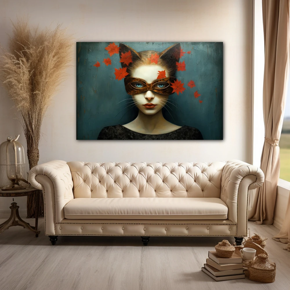 Wall Art titled: The Feline Gaze in a Horizontal format with: Grey, and Red Colors; Decoration the Above Couch wall
