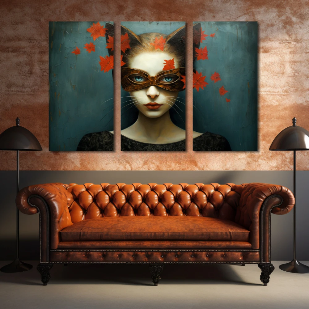 Cuadro la mirada felina en formato tríptico con colores gris, rojo; decorando pared de encima del sofá