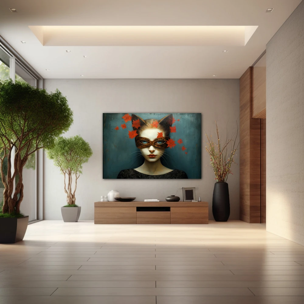 Wall Art titled: The Feline Gaze in a Horizontal format with: Grey, and Red Colors; Decoration the Entryway wall