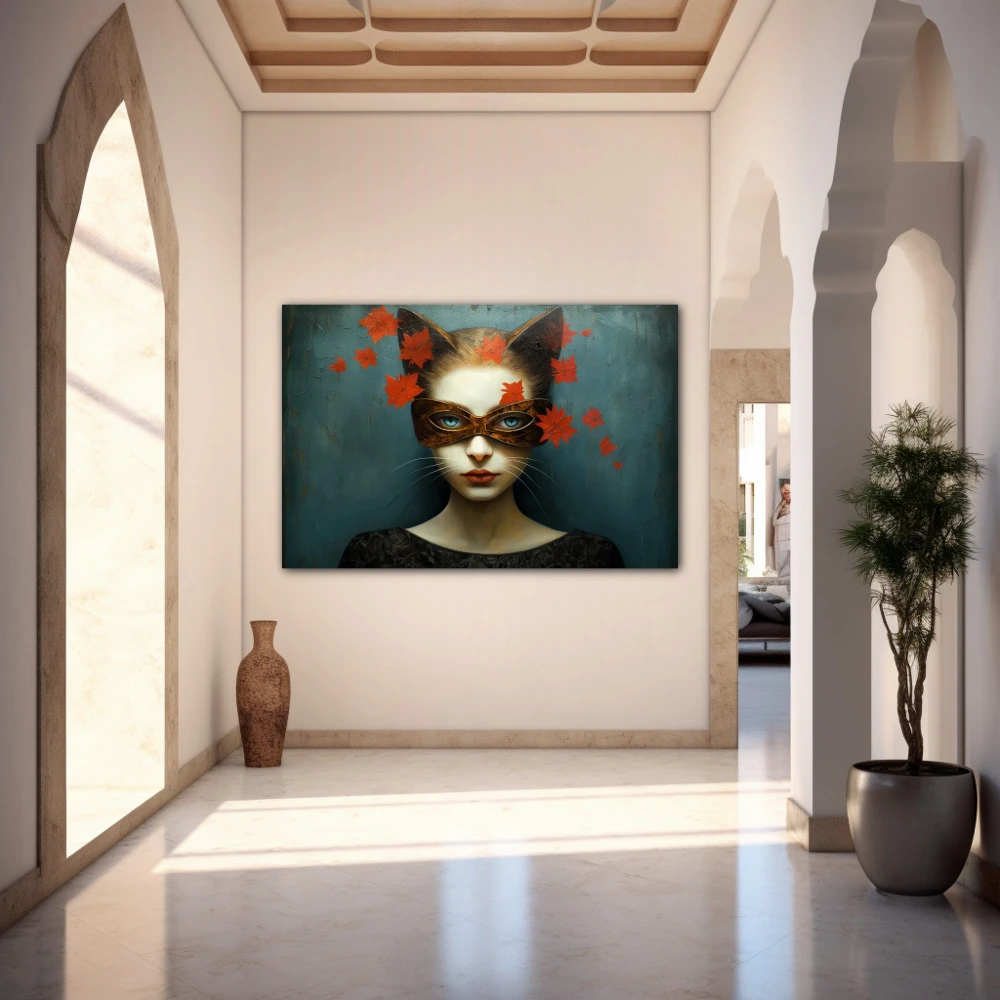 Wall Art titled: The Feline Gaze in a Horizontal format with: Grey, and Red Colors; Decoration the Entryway wall