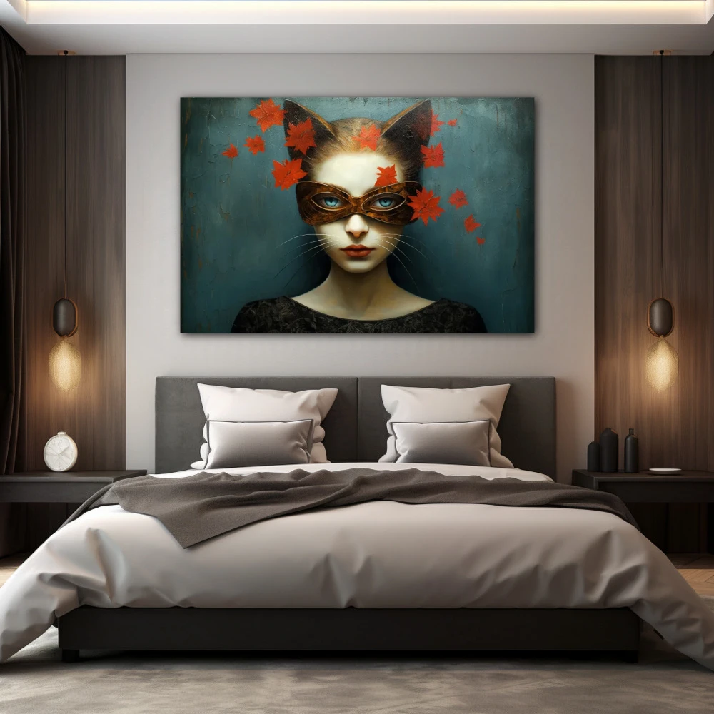 Wall Art titled: The Feline Gaze in a Horizontal format with: Grey, and Red Colors; Decoration the Bedroom wall