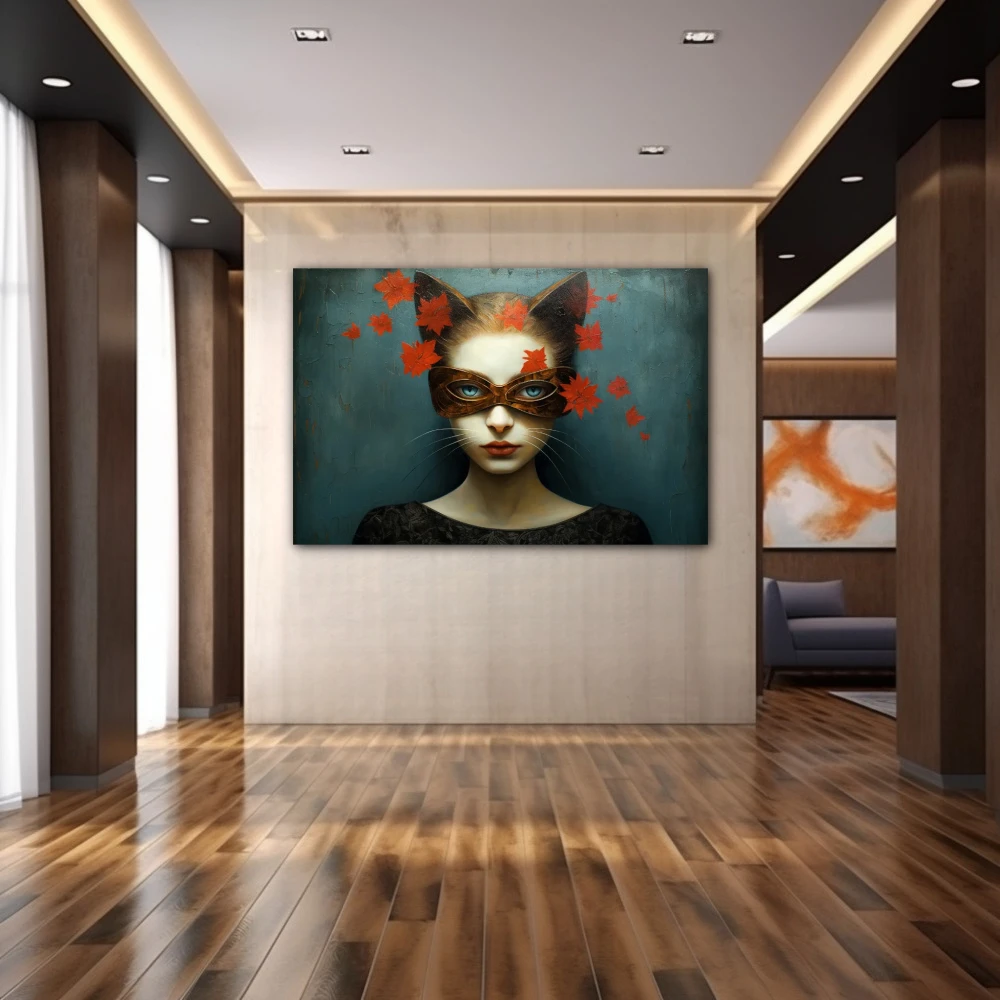 Wall Art titled: The Feline Gaze in a Horizontal format with: Grey, and Red Colors; Decoration the Hallway wall