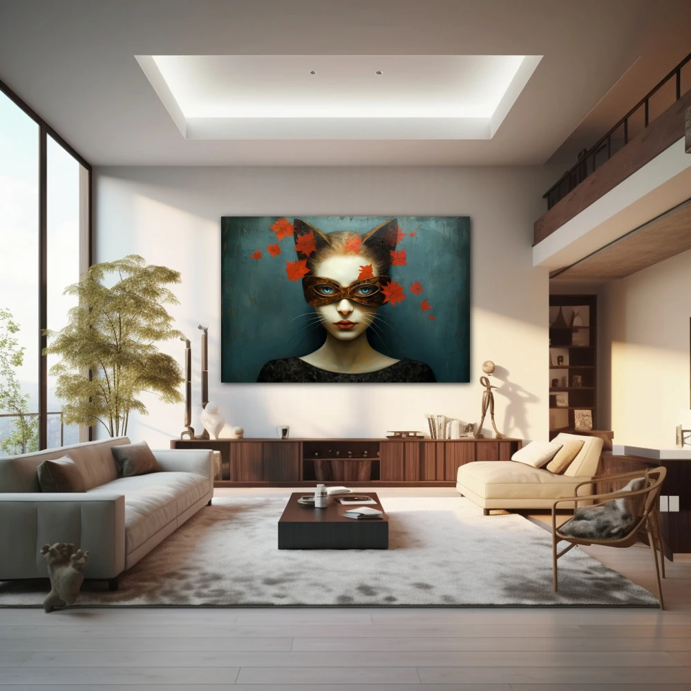 Wall Art titled: The Feline Gaze in a Horizontal format with: Grey, and Red Colors; Decoration the Living Room wall