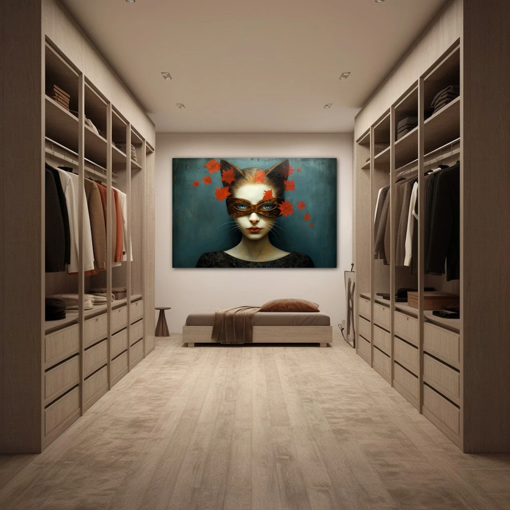 Wall Art titled: The Feline Gaze in a Horizontal format with: Grey, and Red Colors; Decoration the Dressing Room wall