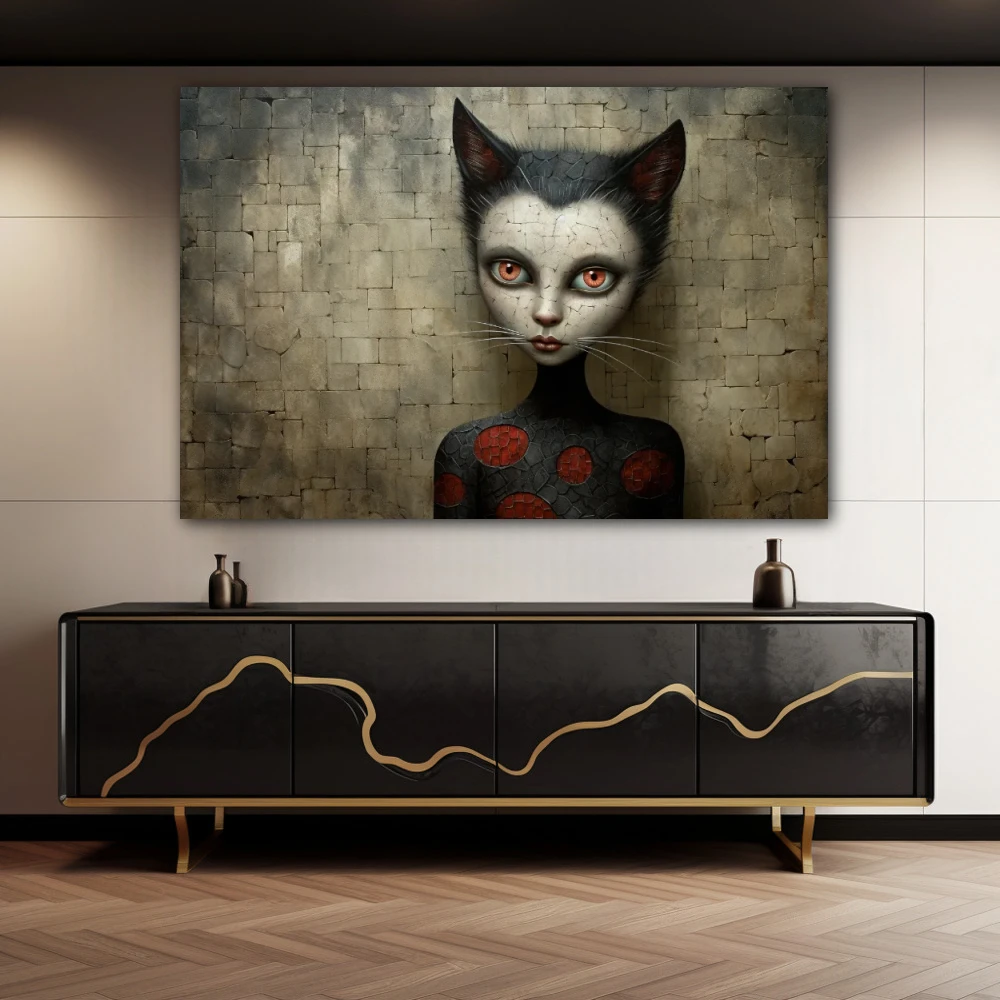Wall Art titled: The Cat on the Roof in a Horizontal format with: white, Grey, and Red Colors; Decoration the Sideboard wall