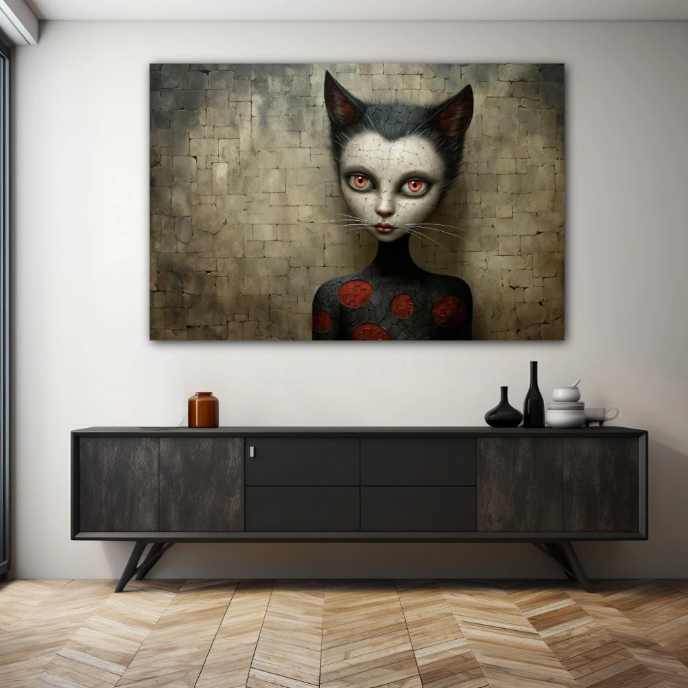 Wall Art titled: The Cat on the Roof in a Horizontal format with: white, Grey, and Red Colors; Decoration the Sideboard wall