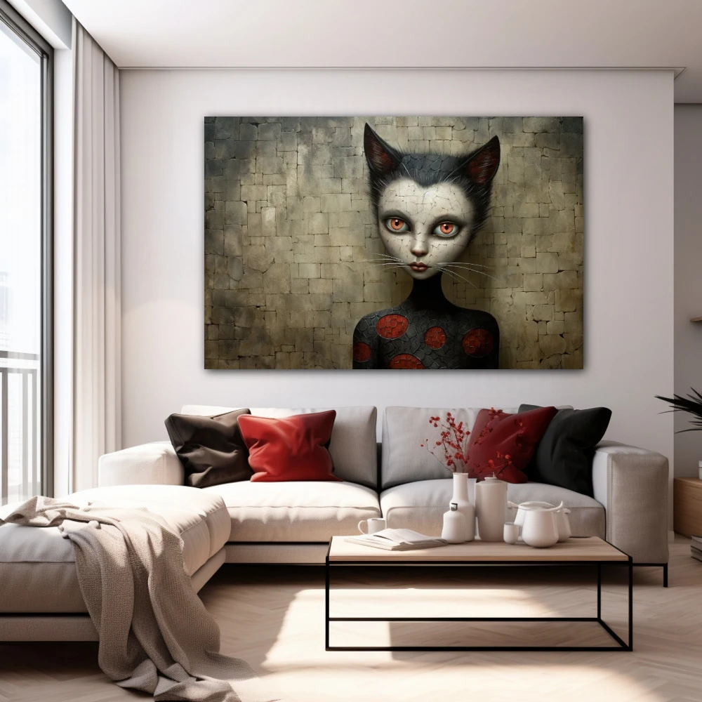 Wall Art titled: The Cat on the Roof in a Horizontal format with: white, Grey, and Red Colors; Decoration the White Wall wall