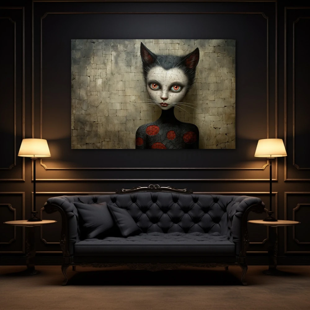 Wall Art titled: The Cat on the Roof in a Horizontal format with: white, Grey, and Red Colors; Decoration the Above Couch wall
