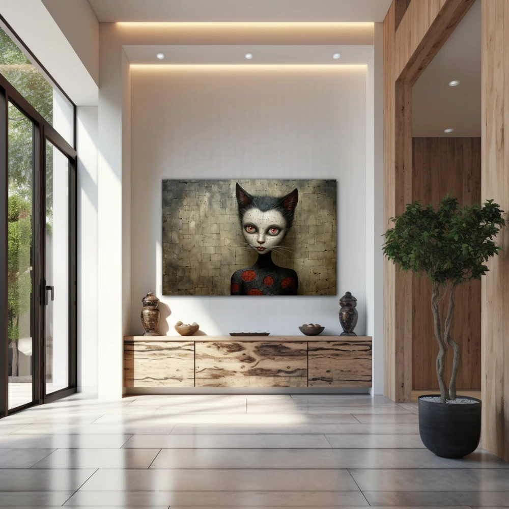 Wall Art titled: The Cat on the Roof in a Horizontal format with: white, Grey, and Red Colors; Decoration the Entryway wall