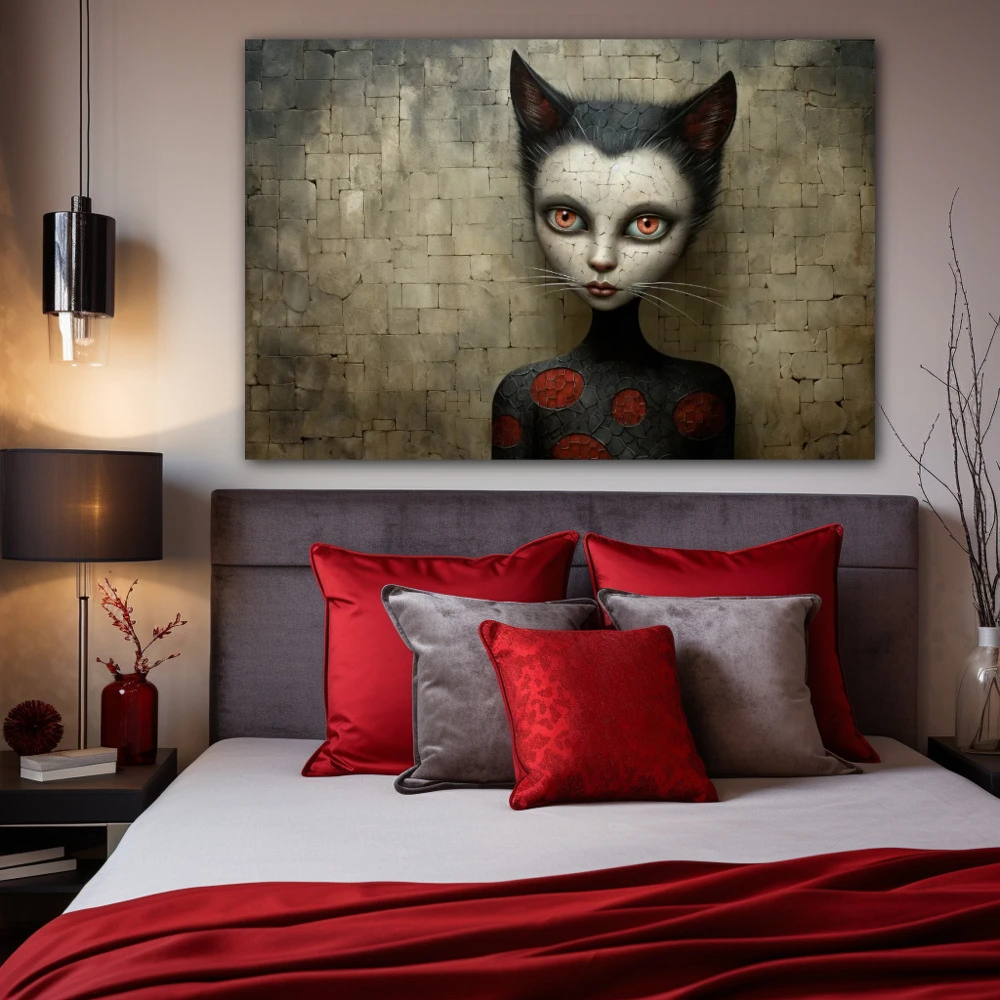 Cuadro la gata sobre el tejado en formato horizontal con colores blanco, gris, rojo; decorando pared de habitación dormitorio