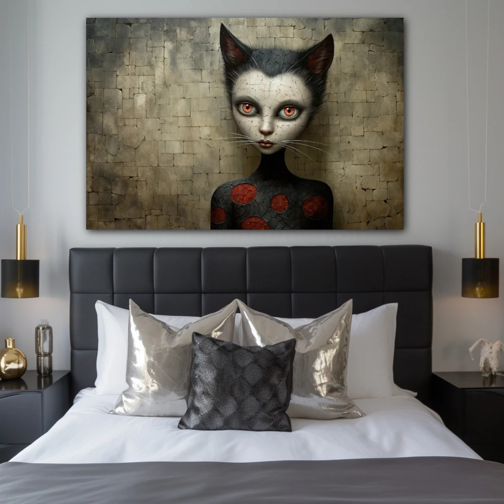 Wall Art titled: The Cat on the Roof in a Horizontal format with: white, Grey, and Red Colors; Decoration the Bedroom wall