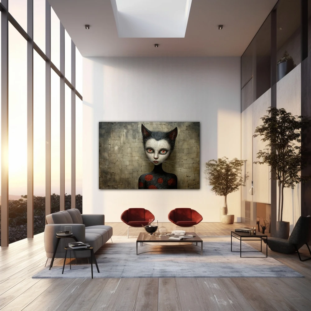 Wall Art titled: The Cat on the Roof in a Horizontal format with: white, Grey, and Red Colors; Decoration the Living Room wall