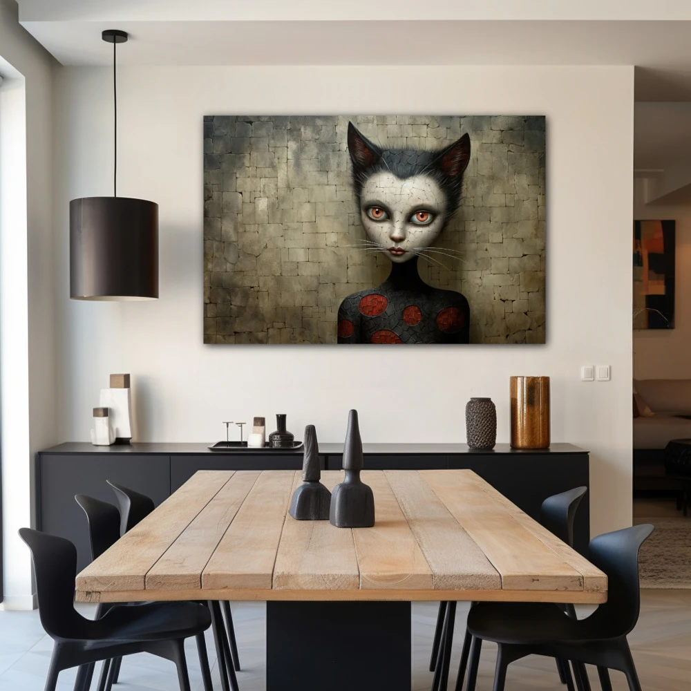 Wall Art titled: The Cat on the Roof in a Horizontal format with: white, Grey, and Red Colors; Decoration the Living Room wall