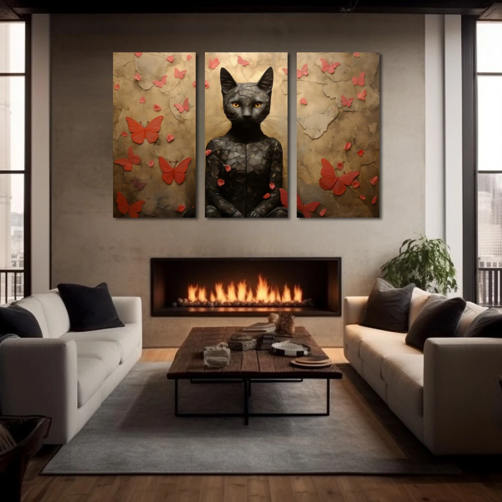 Wall Art titled: The Goddess Bastet in a Horizontal format with: Black, Red, and Pink Colors; Decoration the Fireplace wall