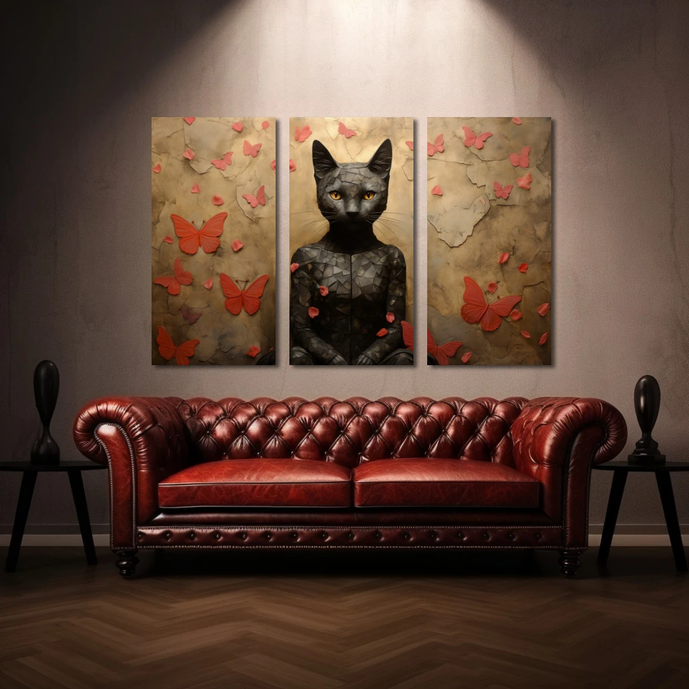 Wall Art titled: The Goddess Bastet in a Horizontal format with: Black, Red, and Pink Colors; Decoration the Above Couch wall