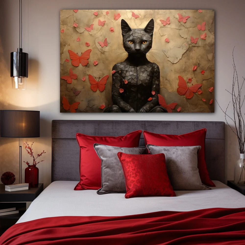 Cuadro la diosa bastet en formato horizontal con colores negro, rojo, rosa; decorando pared de habitación dormitorio