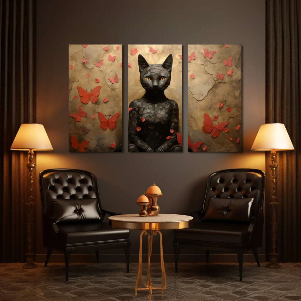 Wall Art titled: The Goddess Bastet in a Horizontal format with: Black, Red, and Pink Colors; Decoration the Living Room wall