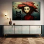 Wall Art titled: The Lady of the Cats in a Horizontal format with: Black, Red, and Green Colors; Decoration the Sideboard wall