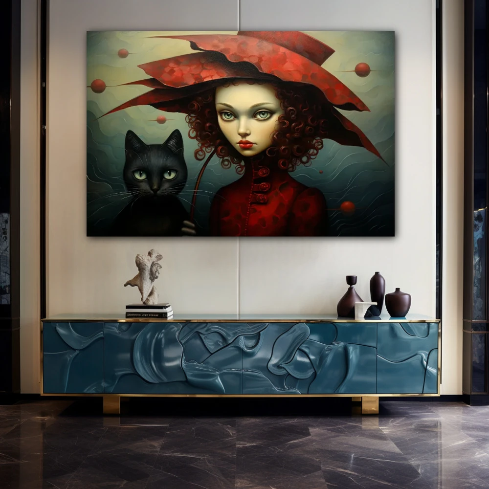 Cuadro la dama de los gatos en formato horizontal con colores negro, rojo, verde; decorando pared de aparador