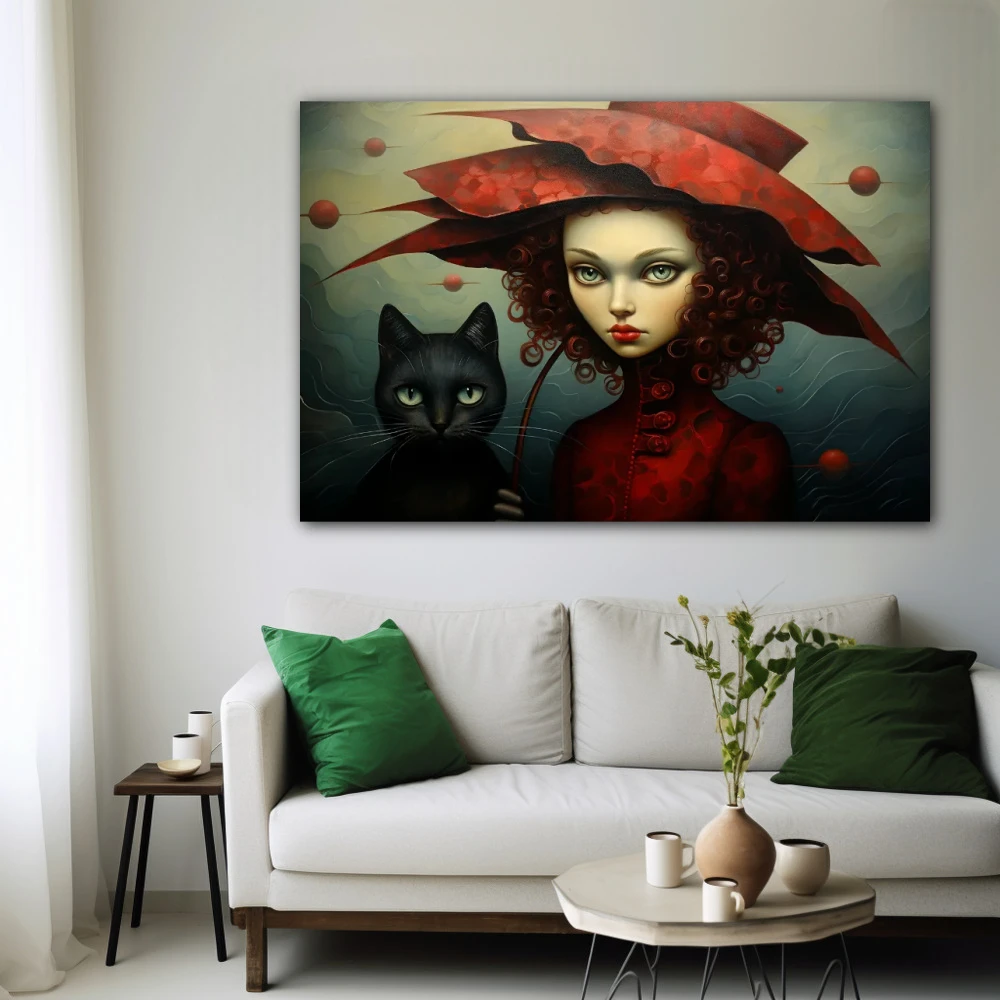 Wall Art titled: The Lady of the Cats in a Horizontal format with: Black, Red, and Green Colors; Decoration the White Wall wall