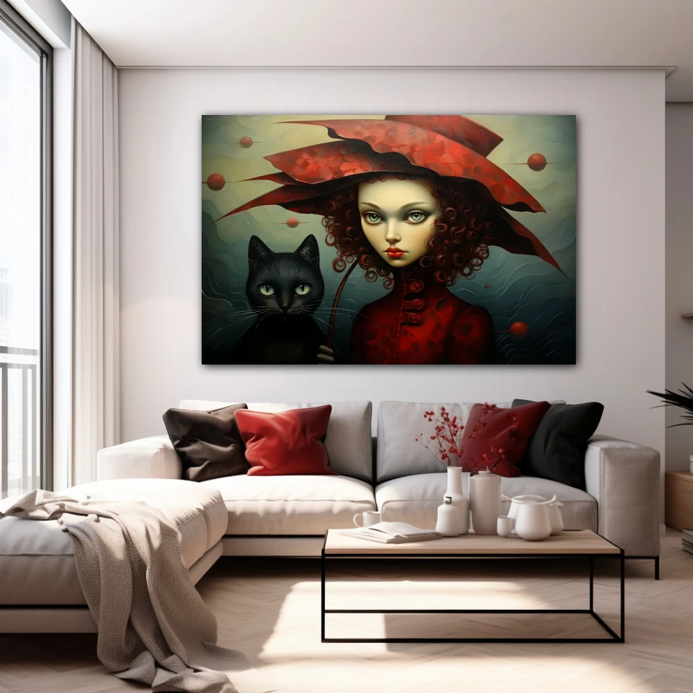 Wall Art titled: The Lady of the Cats in a Horizontal format with: Black, Red, and Green Colors; Decoration the White Wall wall