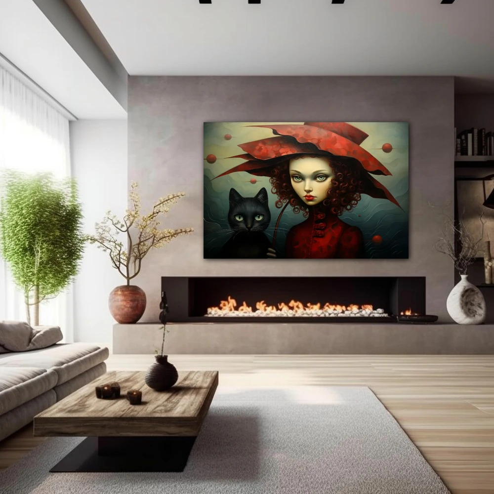 Wall Art titled: The Lady of the Cats in a Horizontal format with: Black, Red, and Green Colors; Decoration the Fireplace wall