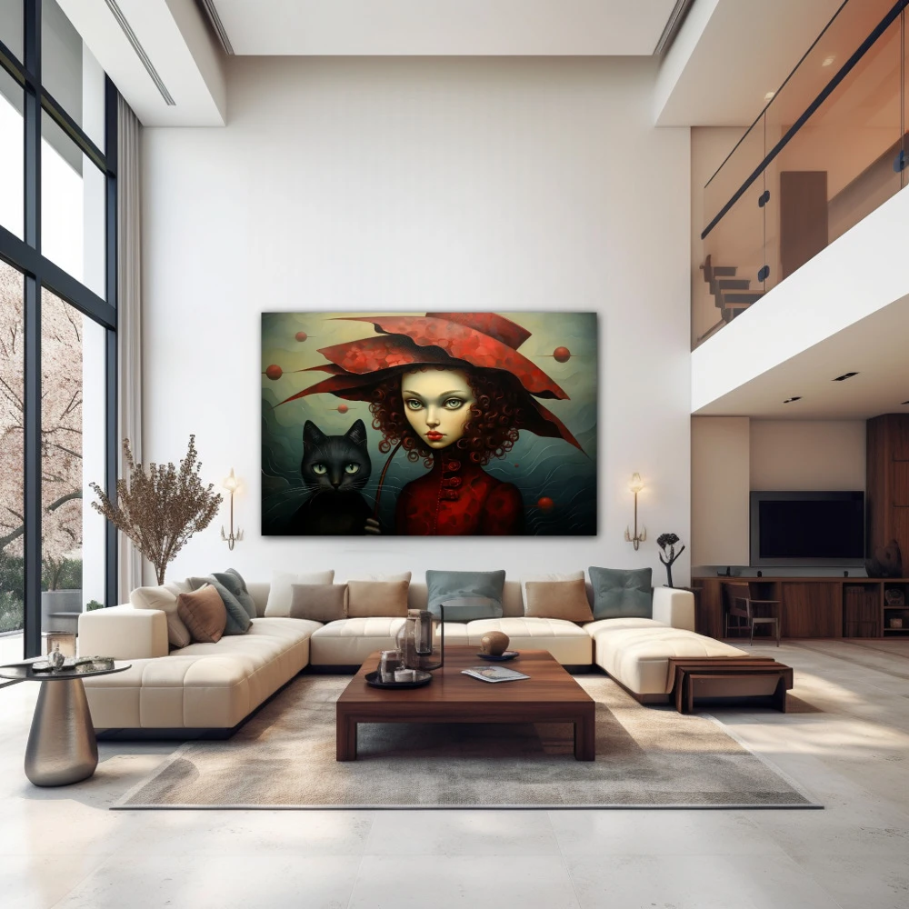 Wall Art titled: The Lady of the Cats in a Horizontal format with: Black, Red, and Green Colors; Decoration the Above Couch wall