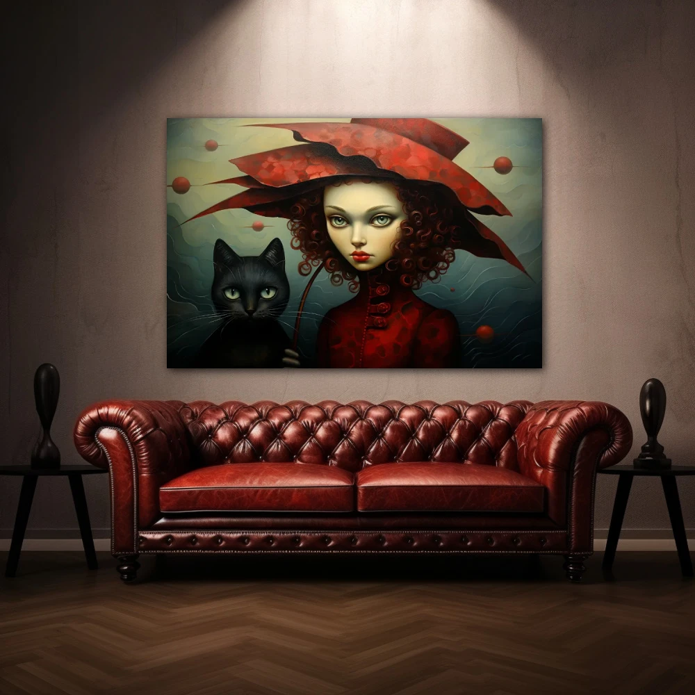 Wall Art titled: The Lady of the Cats in a Horizontal format with: Black, Red, and Green Colors; Decoration the Above Couch wall