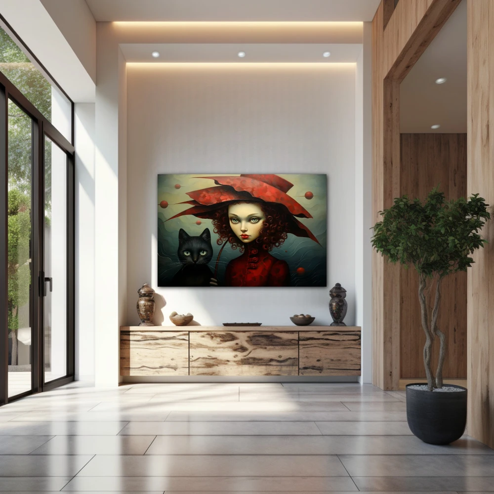 Wall Art titled: The Lady of the Cats in a Horizontal format with: Black, Red, and Green Colors; Decoration the Entryway wall