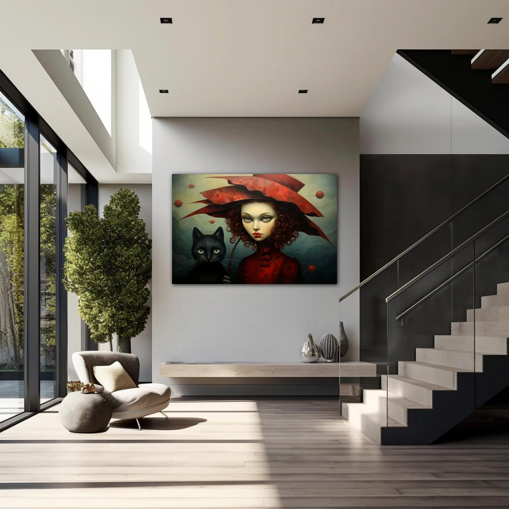 Wall Art titled: The Lady of the Cats in a Horizontal format with: Black, Red, and Green Colors; Decoration the Staircase wall