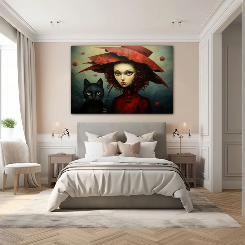 Cuadro la dama de los gatos en formato horizontal con colores negro, rojo, verde; decorando pared de habitación dormitorio